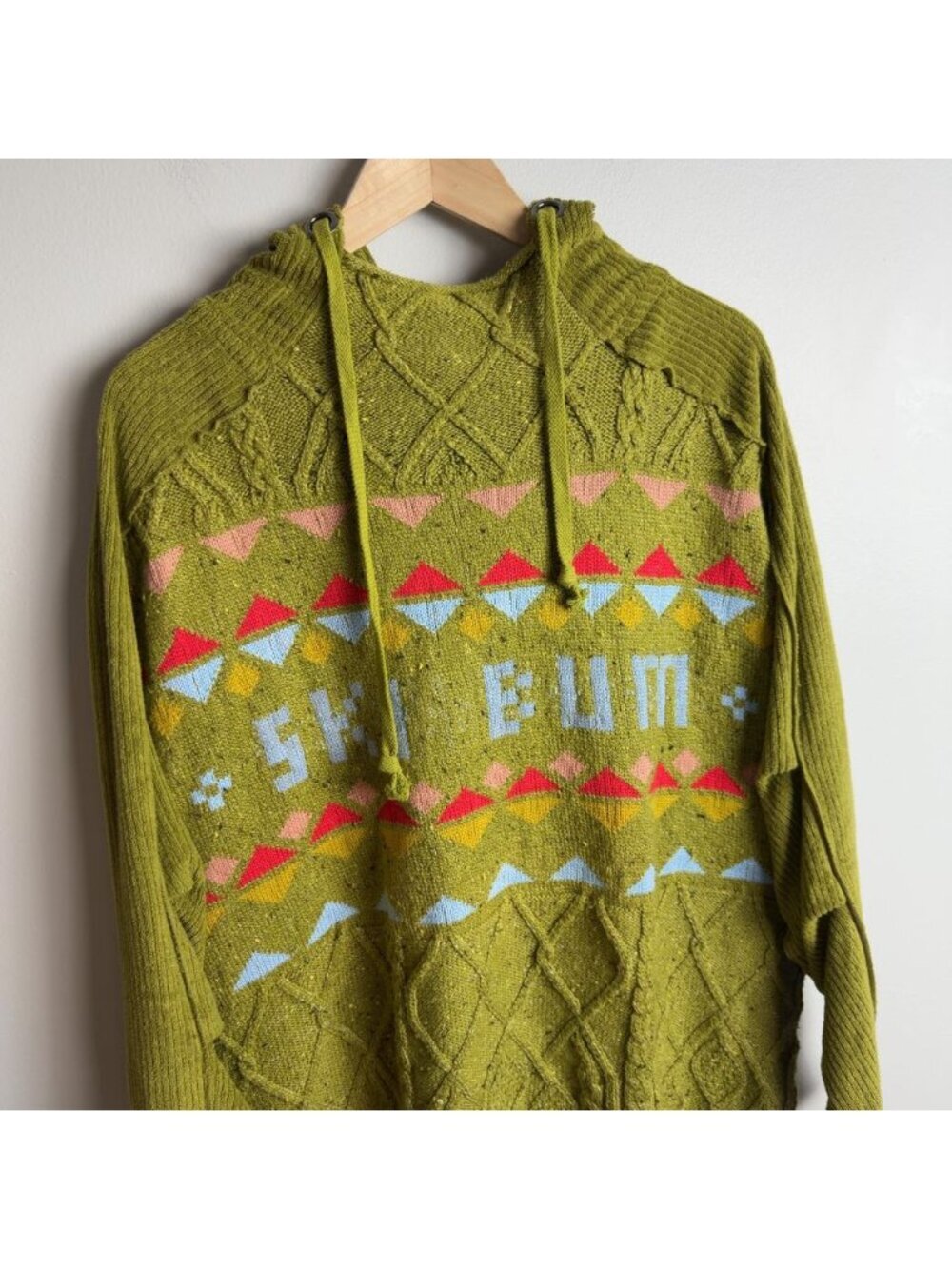 Free People Ski Bum Green Cable Knit Hooded Sweater Size Medium Women’s - Picture 3 of 9